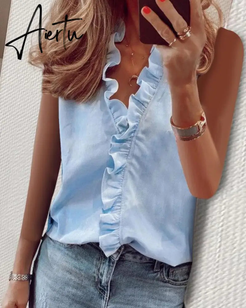 Aiertu Summer Long Sleeve Ruffle Blouse Shirts Elegant Sleeveless Letter Print Lady Slim Short Sleeve Blouses Women V-Neck Tops Aiertu