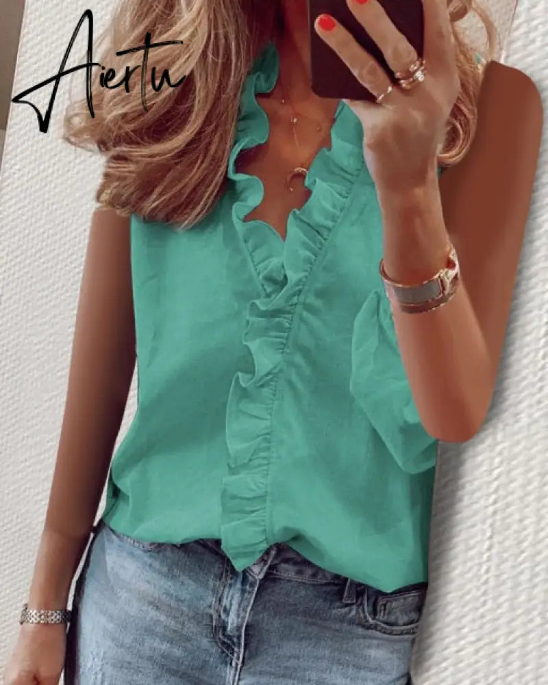 Aiertu Summer Long Sleeve Ruffle Blouse Shirts Elegant Sleeveless Letter Print Lady Slim Short Sleeve Blouses Women V-Neck Tops Aiertu
