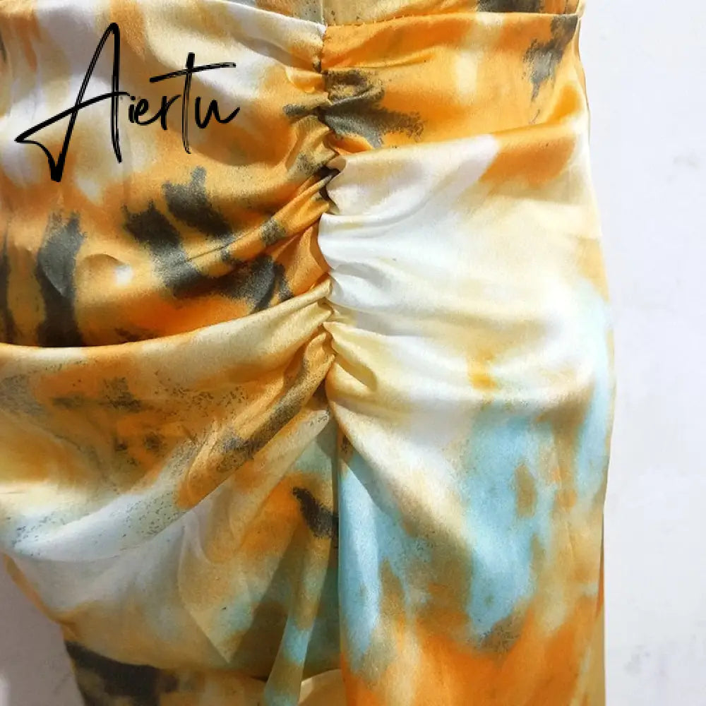 Aiertu Summer Loose Dress Fashion Women Strappy Backless Sexy Cotton S With Slit Slip Yellow Midi With Floral Pattern Sleeveless Aiertu