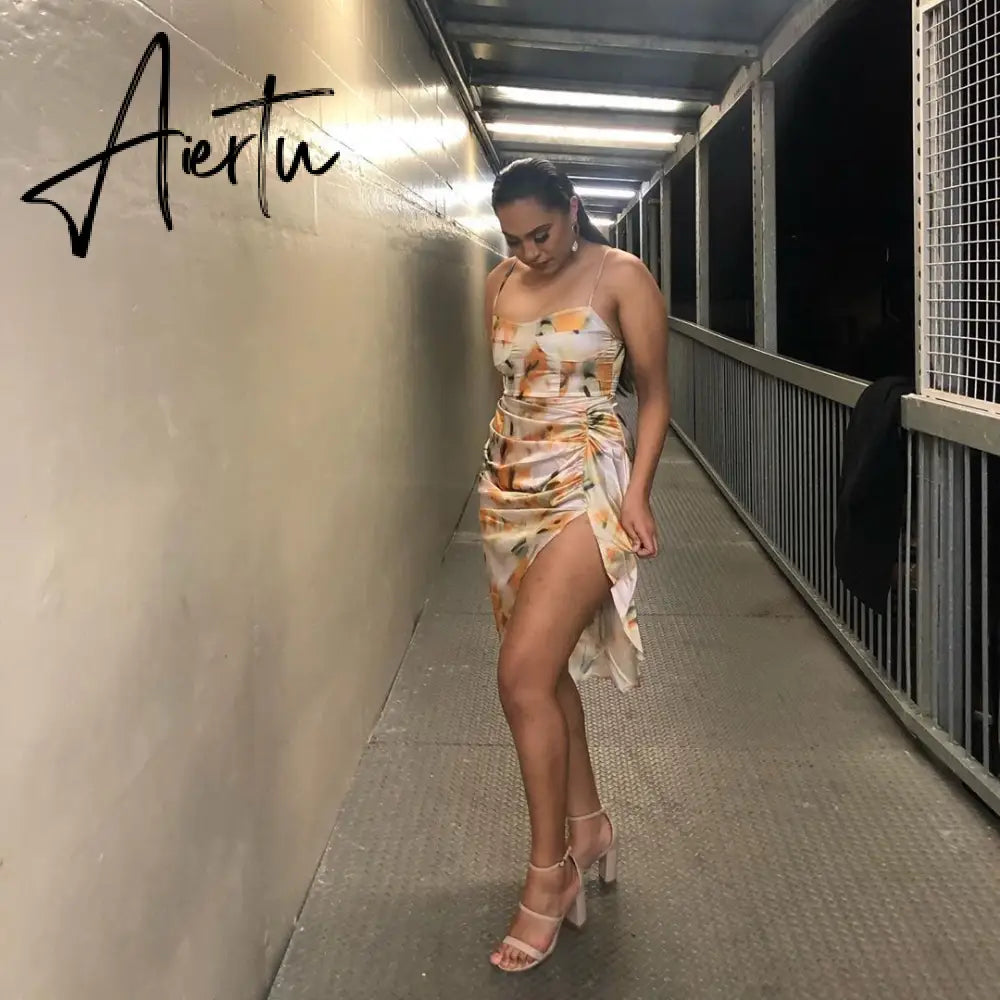 Aiertu Summer Loose Dress Fashion Women Strappy Backless Sexy Cotton S With Slit Slip Yellow Midi With Floral Pattern Sleeveless Aiertu