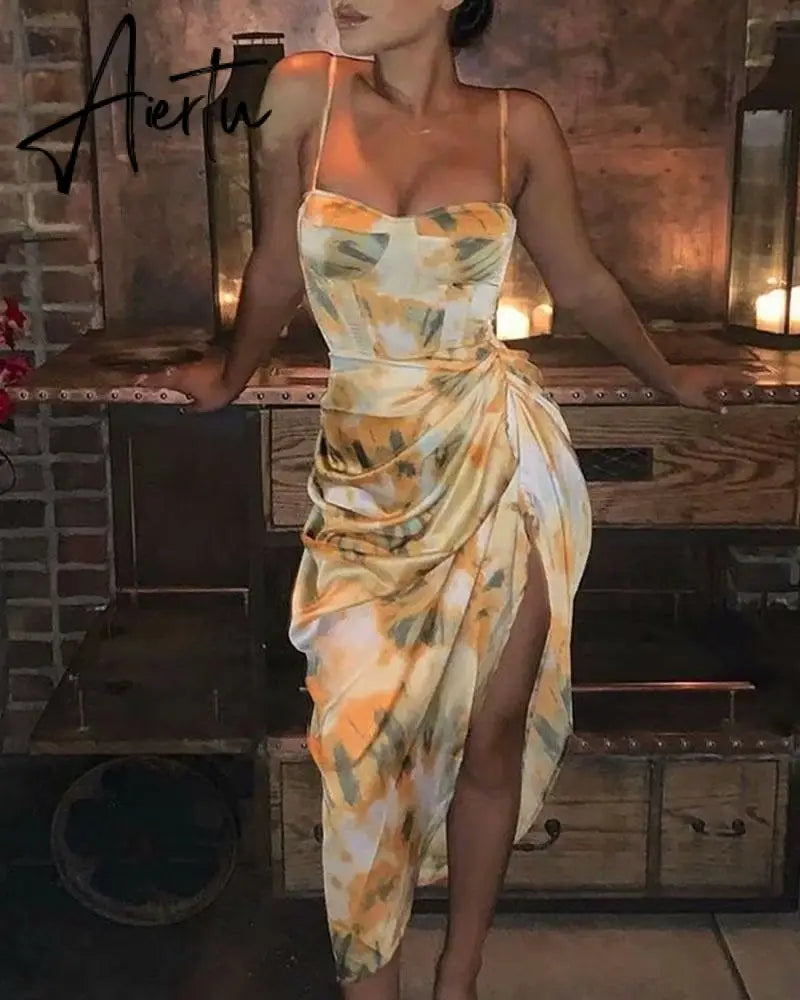 Aiertu Summer Loose Dress Fashion Women Strappy Backless Sexy Cotton S With Slit Slip Yellow Midi With Floral Pattern Sleeveless Aiertu