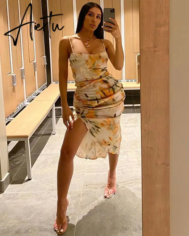 Aiertu Summer Loose Dress Fashion Women Strappy Backless Sexy Cotton S With Slit Slip Yellow Midi With Floral Pattern Sleeveless Aiertu