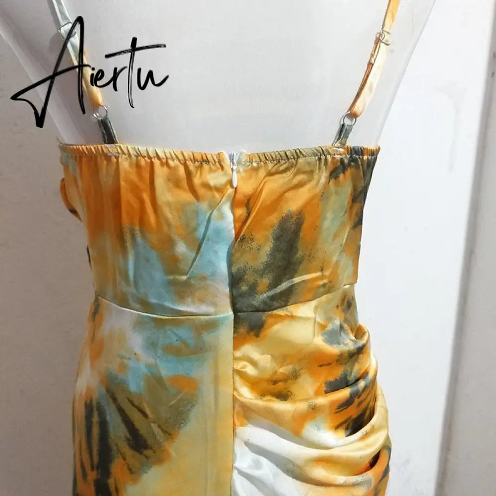 Aiertu Summer Loose Dress Fashion Women Strappy Backless Sexy Cotton S With Slit Slip Yellow Midi With Floral Pattern Sleeveless Aiertu