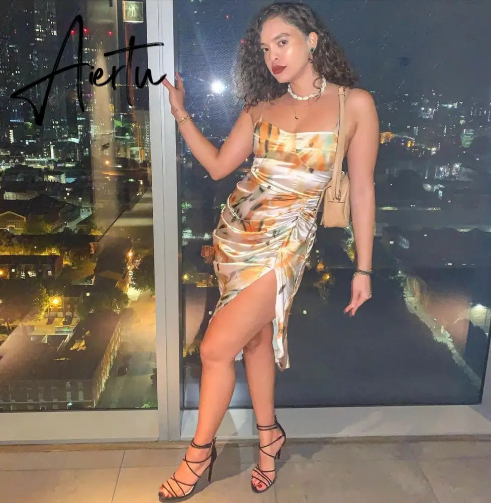 Aiertu Summer Loose Dress Fashion Women Strappy Backless Sexy Cotton S With Slit Slip Yellow Midi With Floral Pattern Sleeveless Aiertu