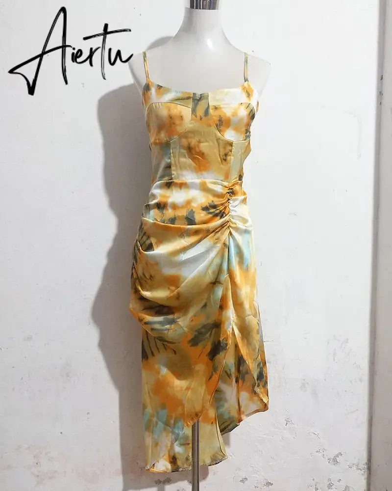 Aiertu Summer Loose Dress Fashion Women Strappy Backless Sexy Cotton S With Slit Slip Yellow Midi With Floral Pattern Sleeveless Aiertu