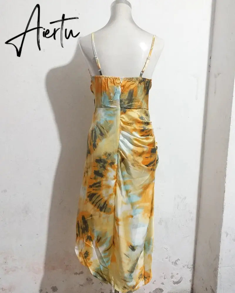 Aiertu Summer Loose Dress Fashion Women Strappy Backless Sexy Cotton S With Slit Slip Yellow Midi With Floral Pattern Sleeveless Aiertu