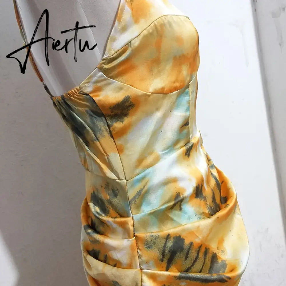 Aiertu Summer Loose Dress Fashion Women Strappy Backless Sexy Cotton S With Slit Slip Yellow Midi With Floral Pattern Sleeveless Aiertu