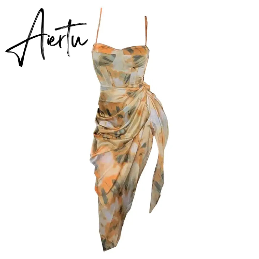 Aiertu Summer Loose Dress Fashion Women Strappy Backless Sexy Cotton S With Slit Slip Yellow Midi With Floral Pattern Sleeveless Aiertu