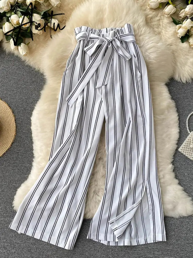 Aiertu Summer New Fashion All-match Women's Casual Pants Retro Striped Color Slim Long Slit Wide Leg Pants DK1053 Aiertu