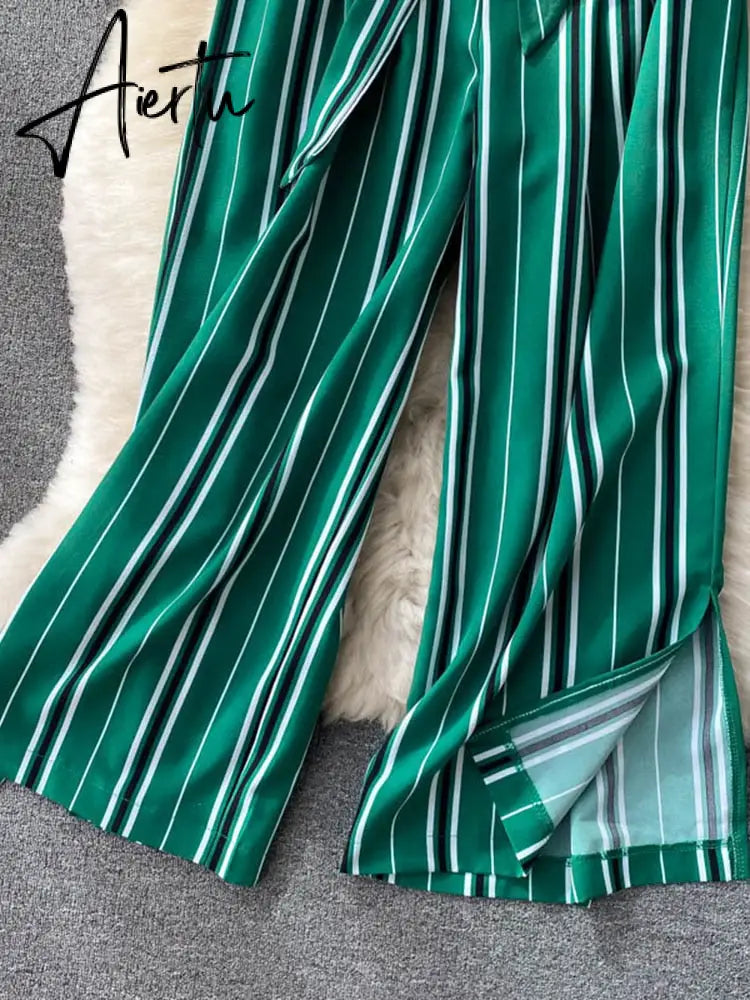 Aiertu Summer New Fashion All-match Women's Casual Pants Retro Striped Color Slim Long Slit Wide Leg Pants DK1053 Aiertu
