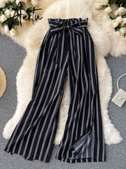 Aiertu Summer New Fashion All-match Women's Casual Pants Retro Striped Color Slim Long Slit Wide Leg Pants DK1053 Aiertu