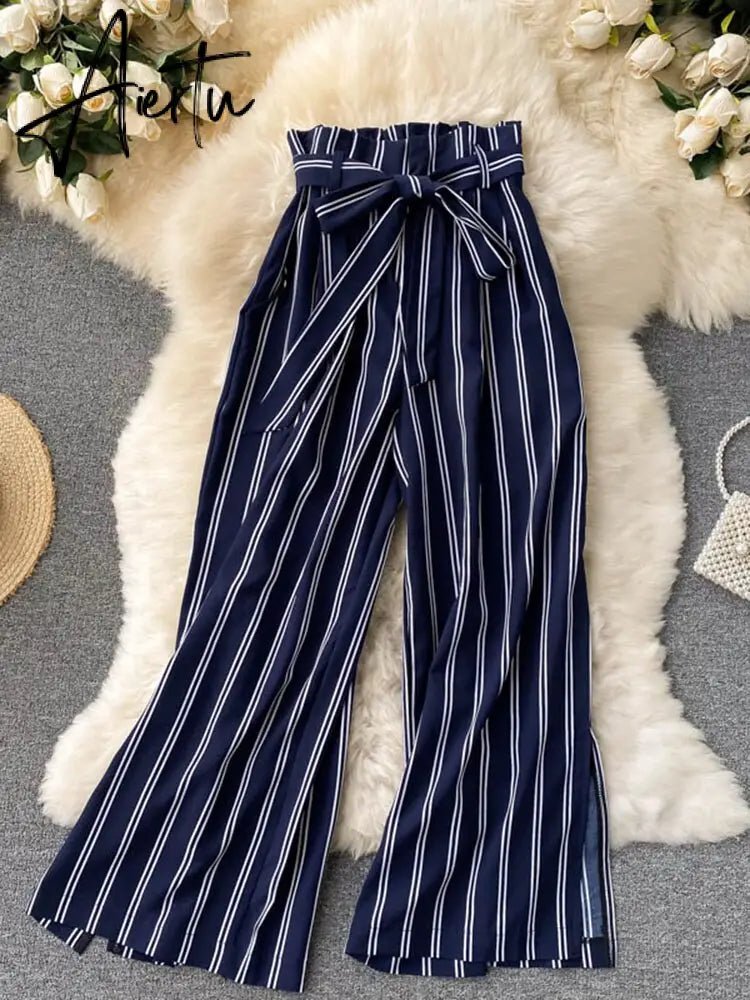 Aiertu Summer New Fashion All-match Women's Casual Pants Retro Striped Color Slim Long Slit Wide Leg Pants DK1053 Aiertu