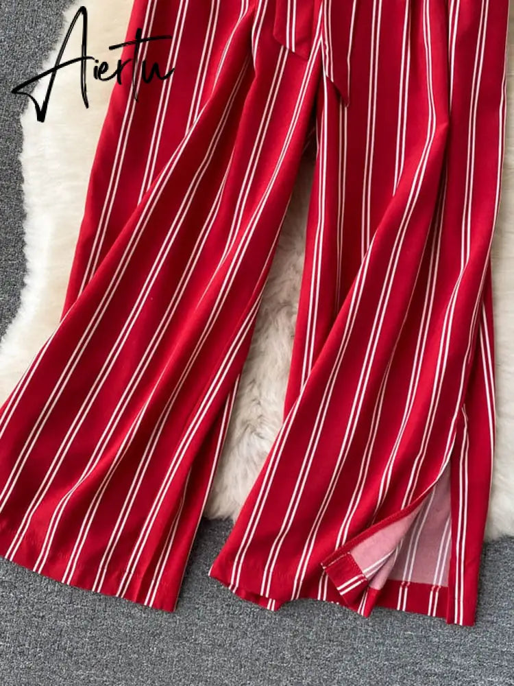 Aiertu Summer New Fashion All-match Women's Casual Pants Retro Striped Color Slim Long Slit Wide Leg Pants DK1053 Aiertu