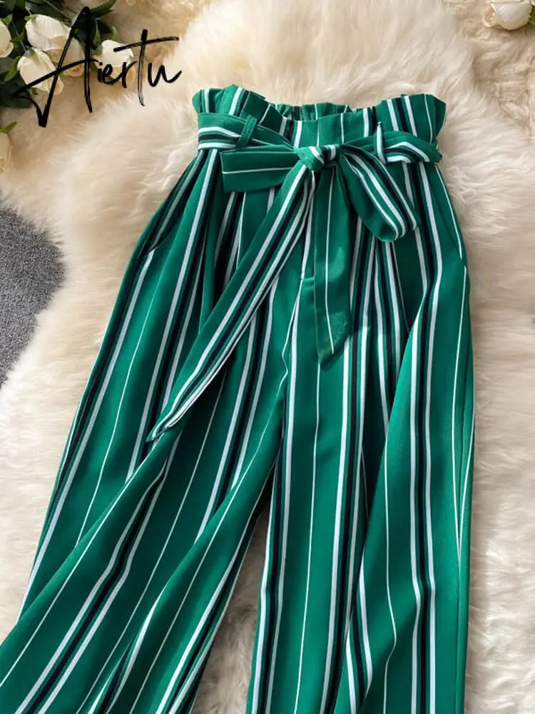 Aiertu Summer New Fashion All-match Women's Casual Pants Retro Striped Color Slim Long Slit Wide Leg Pants DK1053 Aiertu