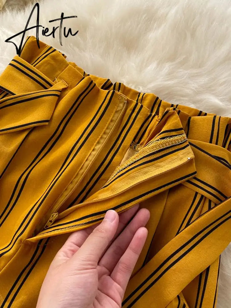 Aiertu Summer New Fashion All-match Women's Casual Pants Retro Striped Color Slim Long Slit Wide Leg Pants DK1053 Aiertu