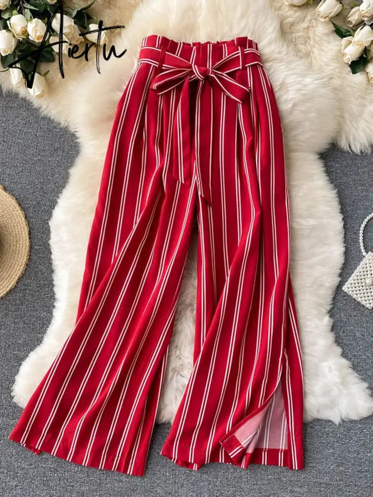 Aiertu Summer New Fashion All-match Women's Casual Pants Retro Striped Color Slim Long Slit Wide Leg Pants DK1053 Aiertu