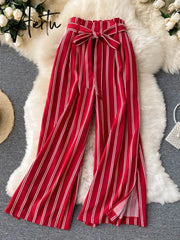 Aiertu Summer New Fashion All-match Women's Casual Pants Retro Striped Color Slim Long Slit Wide Leg Pants DK1053 Aiertu