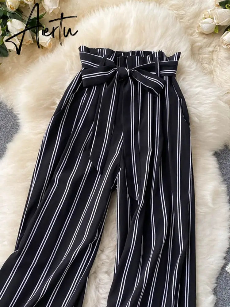 Aiertu Summer New Fashion All-match Women's Casual Pants Retro Striped Color Slim Long Slit Wide Leg Pants DK1053 Aiertu