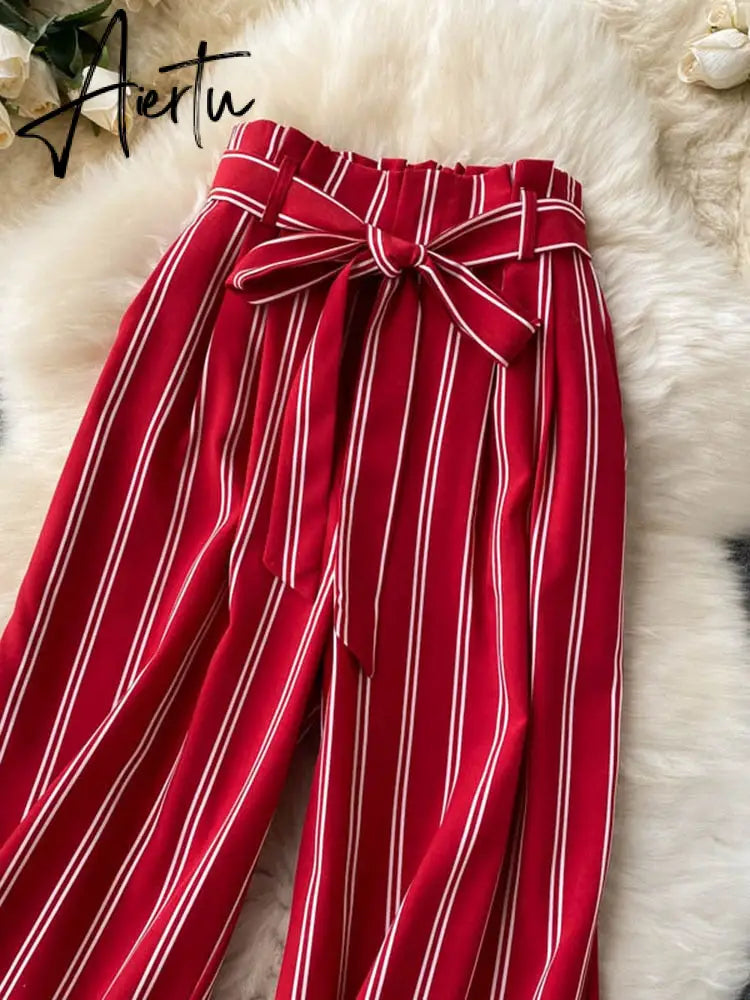 Aiertu Summer New Fashion All-match Women's Casual Pants Retro Striped Color Slim Long Slit Wide Leg Pants DK1053 Aiertu