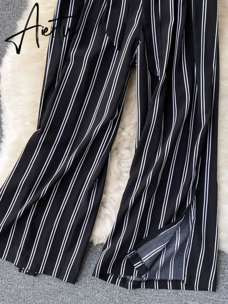 Aiertu Summer New Fashion All-match Women's Casual Pants Retro Striped Color Slim Long Slit Wide Leg Pants DK1053 Aiertu