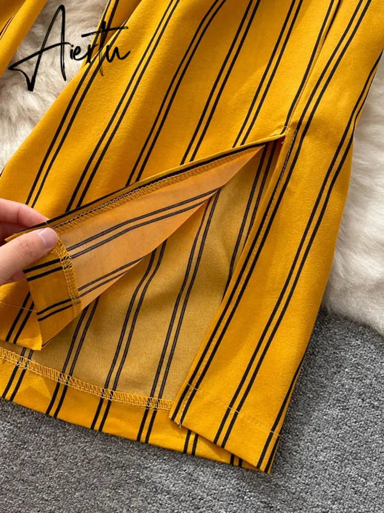 Aiertu Summer New Fashion All-match Women's Casual Pants Retro Striped Color Slim Long Slit Wide Leg Pants DK1053 Aiertu