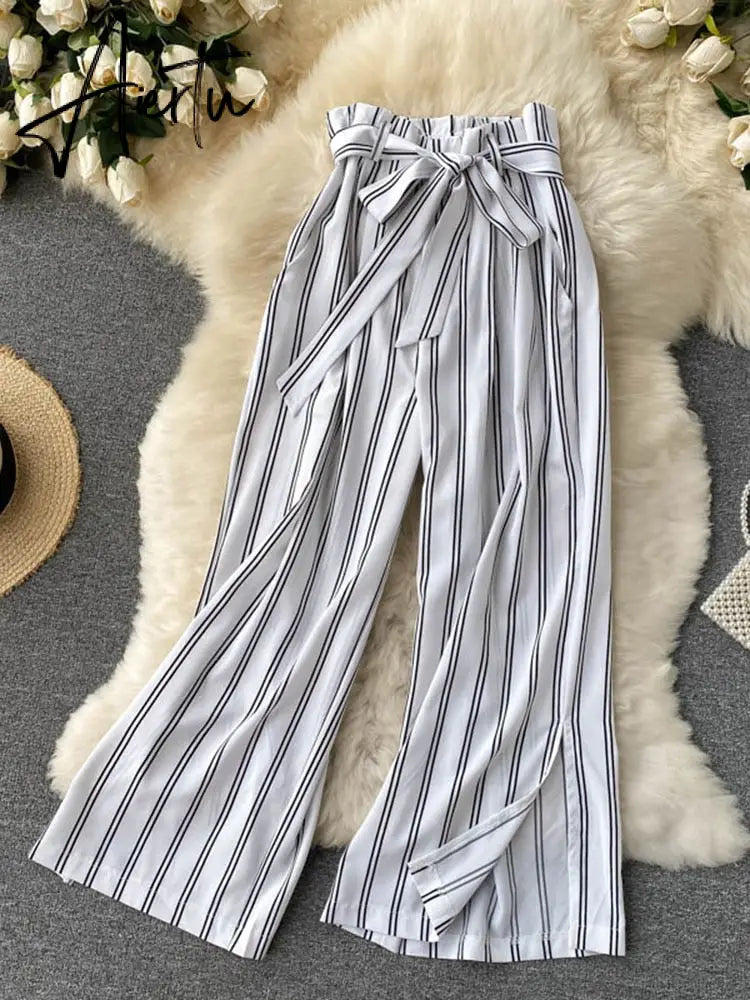 Aiertu Summer New Fashion All-match Women's Casual Pants Retro Striped Color Slim Long Slit Wide Leg Pants DK1053 Aiertu