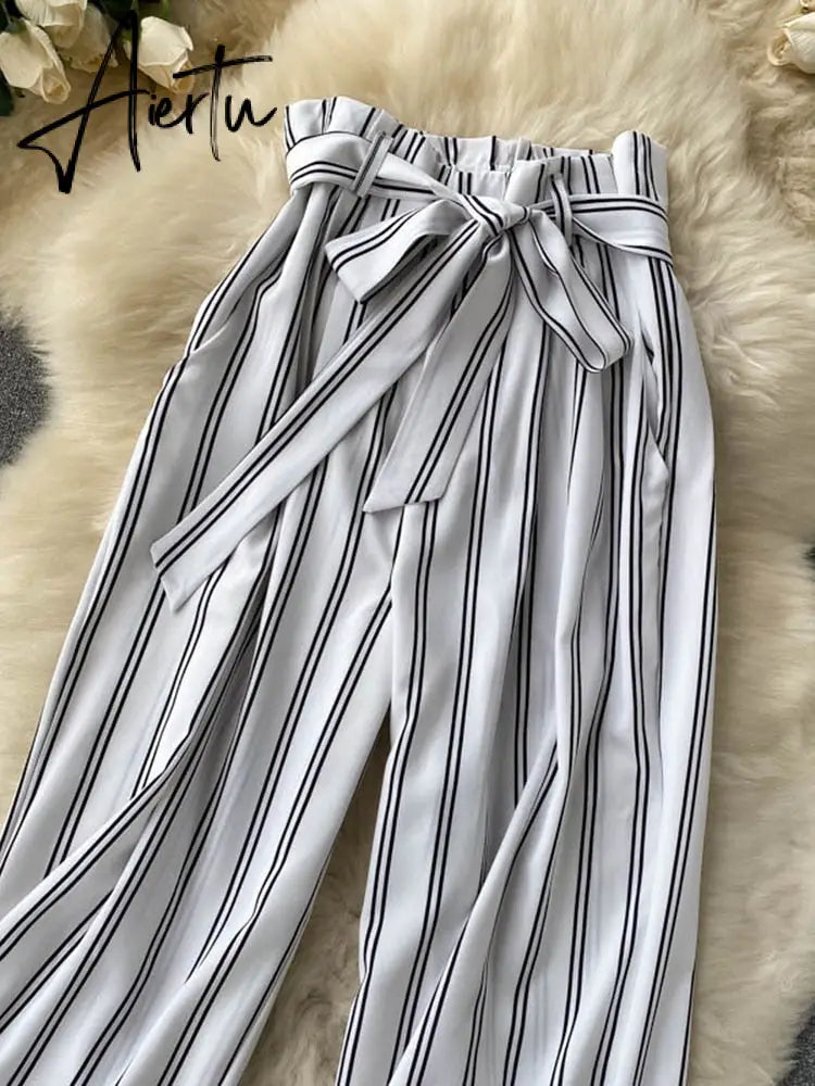 Aiertu Summer New Fashion All-match Women's Casual Pants Retro Striped Color Slim Long Slit Wide Leg Pants DK1053 Aiertu