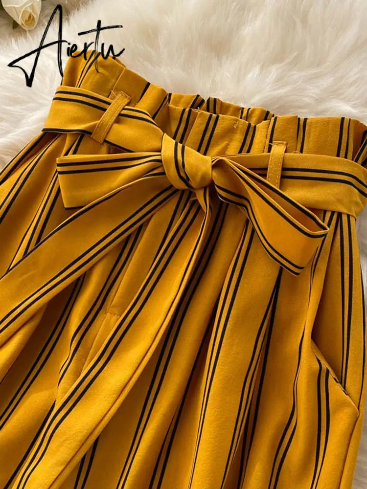 Aiertu Summer New Fashion All-match Women's Casual Pants Retro Striped Color Slim Long Slit Wide Leg Pants DK1053 Aiertu