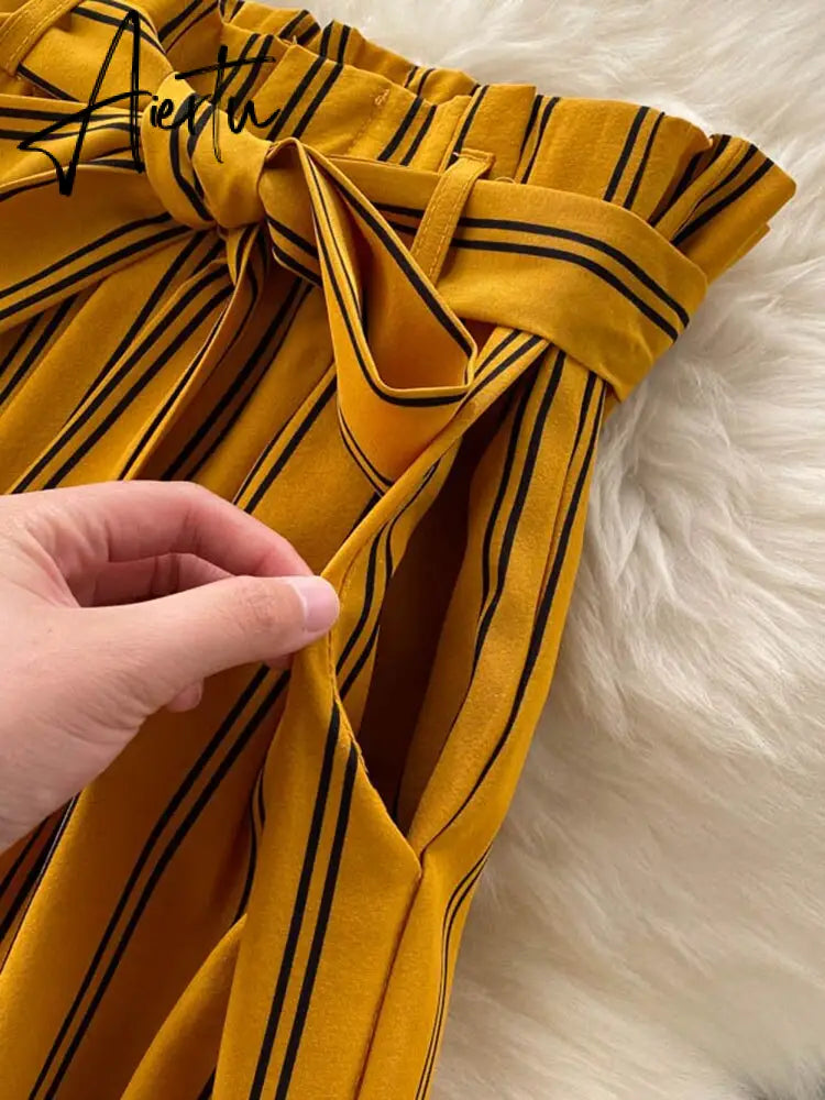 Aiertu Summer New Fashion All-match Women's Casual Pants Retro Striped Color Slim Long Slit Wide Leg Pants DK1053 Aiertu