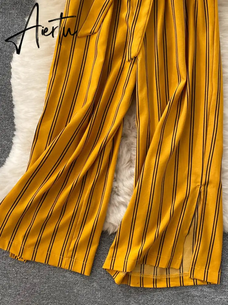 Aiertu Summer New Fashion All-match Women's Casual Pants Retro Striped Color Slim Long Slit Wide Leg Pants DK1053 Aiertu