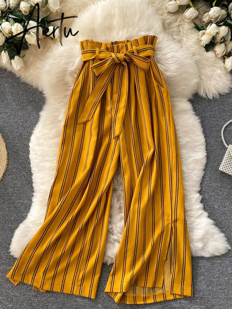 Aiertu Summer New Fashion All-match Women's Casual Pants Retro Striped Color Slim Long Slit Wide Leg Pants DK1053 Aiertu