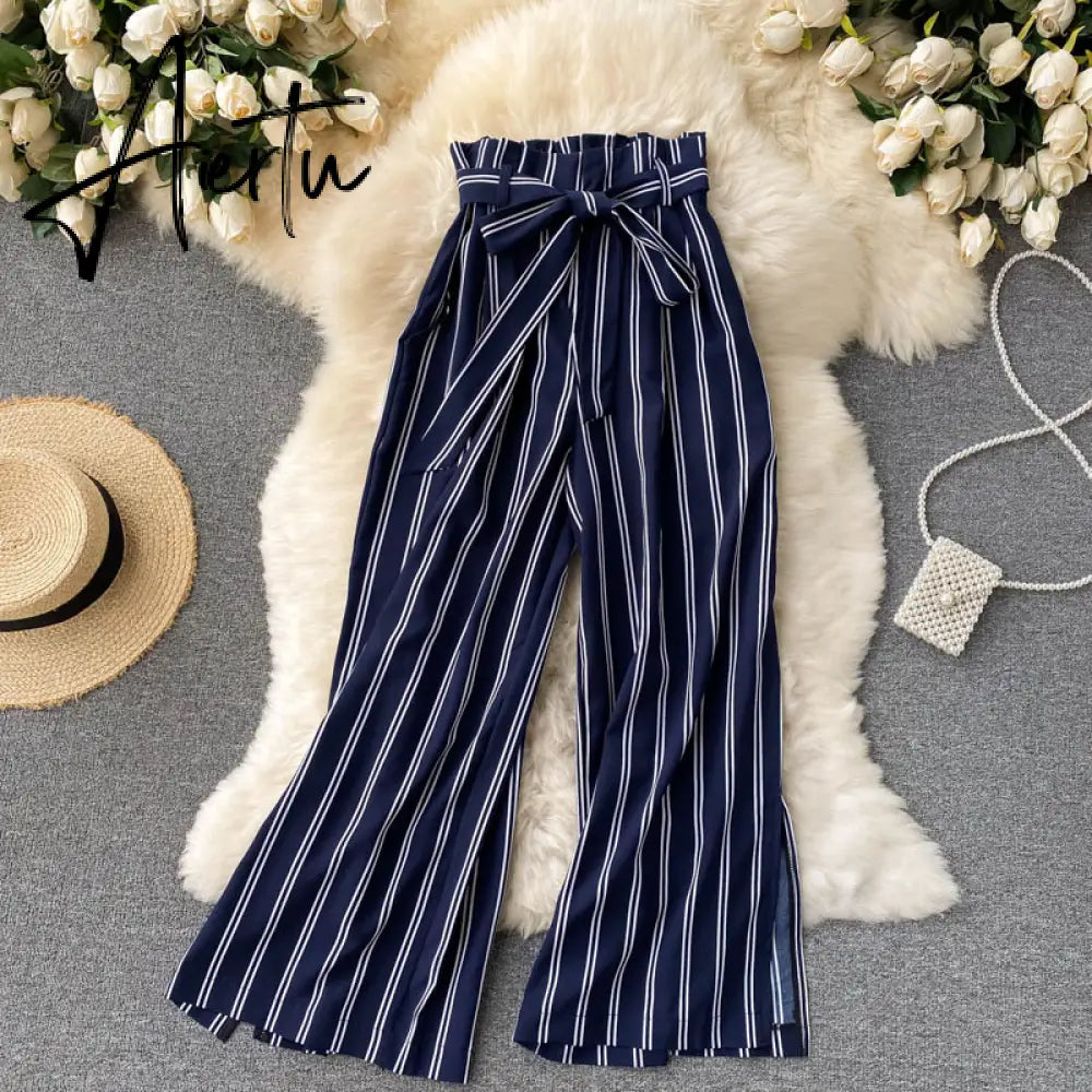 Aiertu Summer New Fashion All-match Women's Casual Pants Retro Striped Color Slim Long Slit Wide Leg Pants DK1053 Aiertu