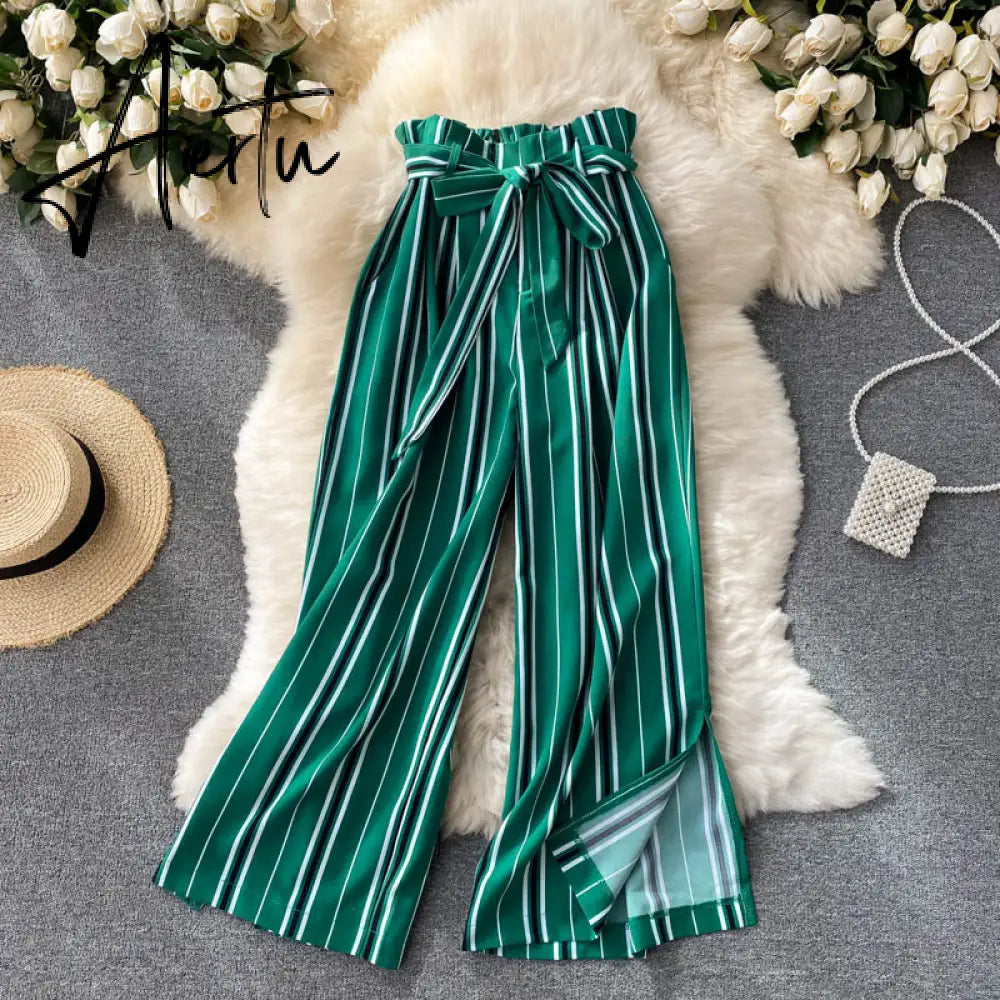 Aiertu Summer New Fashion All-match Women's Casual Pants Retro Striped Color Slim Long Slit Wide Leg Pants DK1053 Aiertu