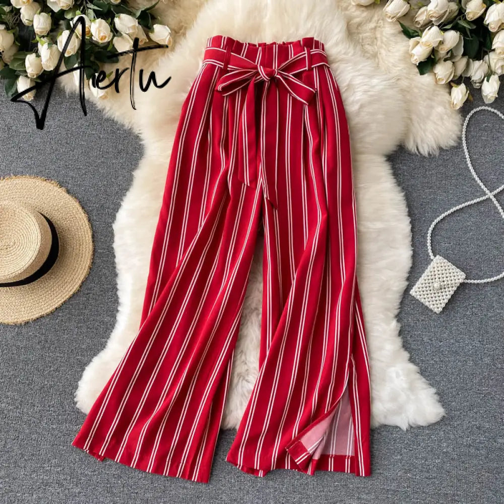 Aiertu Summer New Fashion All-match Women's Casual Pants Retro Striped Color Slim Long Slit Wide Leg Pants DK1053 Aiertu