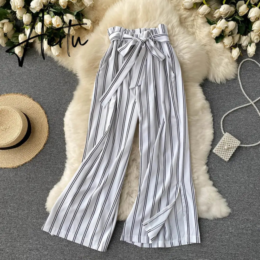 Aiertu Summer New Fashion All-match Women's Casual Pants Retro Striped Color Slim Long Slit Wide Leg Pants DK1053 Aiertu