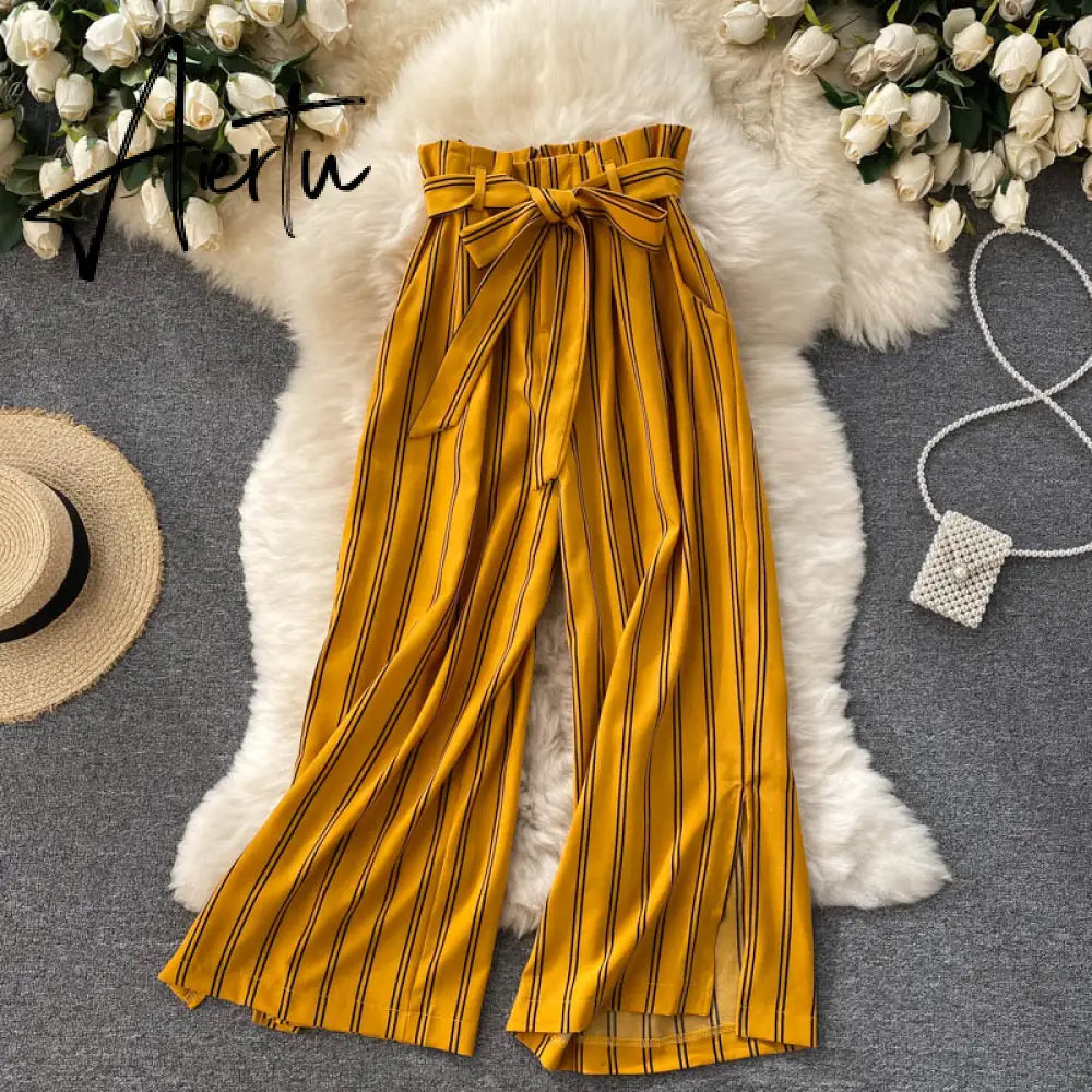 Aiertu Summer New Fashion All-match Women's Casual Pants Retro Striped Color Slim Long Slit Wide Leg Pants DK1053 Aiertu