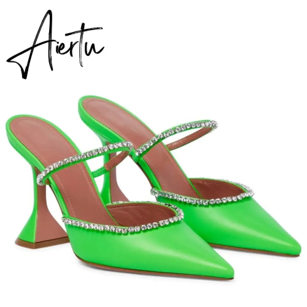 Aiertu Summer New Pointed Toe Rhinestone Sequined Stiletto Slippers Leopard Print Baotou Half Drag Sandals Aiertu
