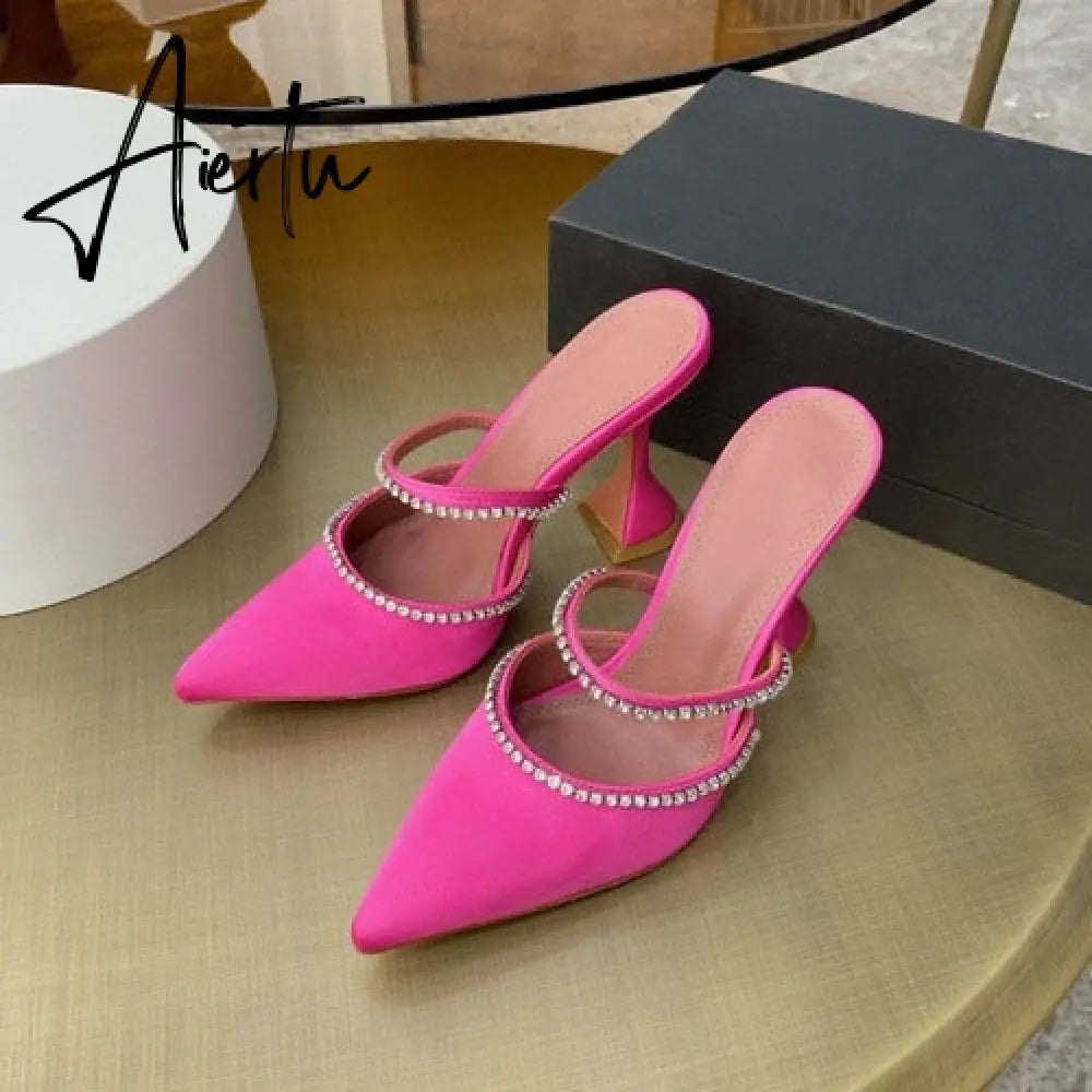 Aiertu Summer New Pointed Toe Rhinestone Sequined Stiletto Slippers Leopard Print Baotou Half Drag Sandals Aiertu