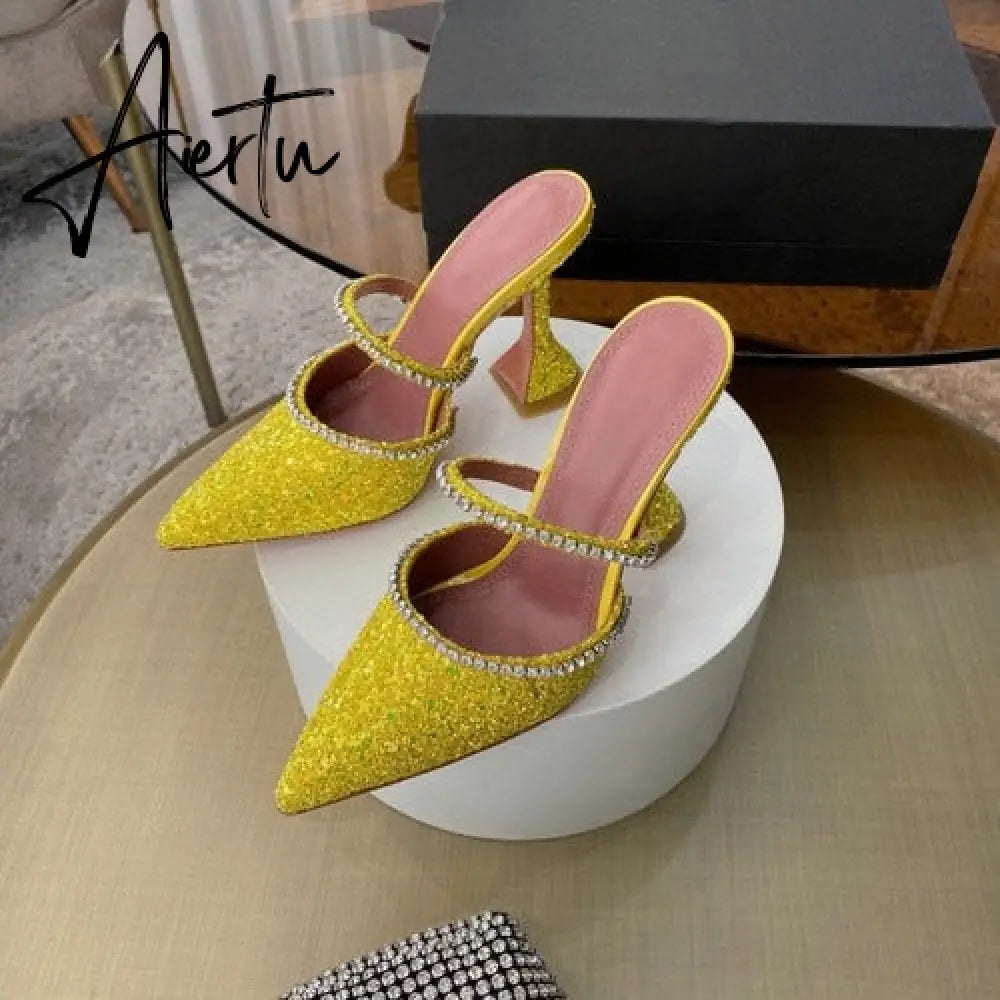 Aiertu Summer New Pointed Toe Rhinestone Sequined Stiletto Slippers Leopard Print Baotou Half Drag Sandals Aiertu