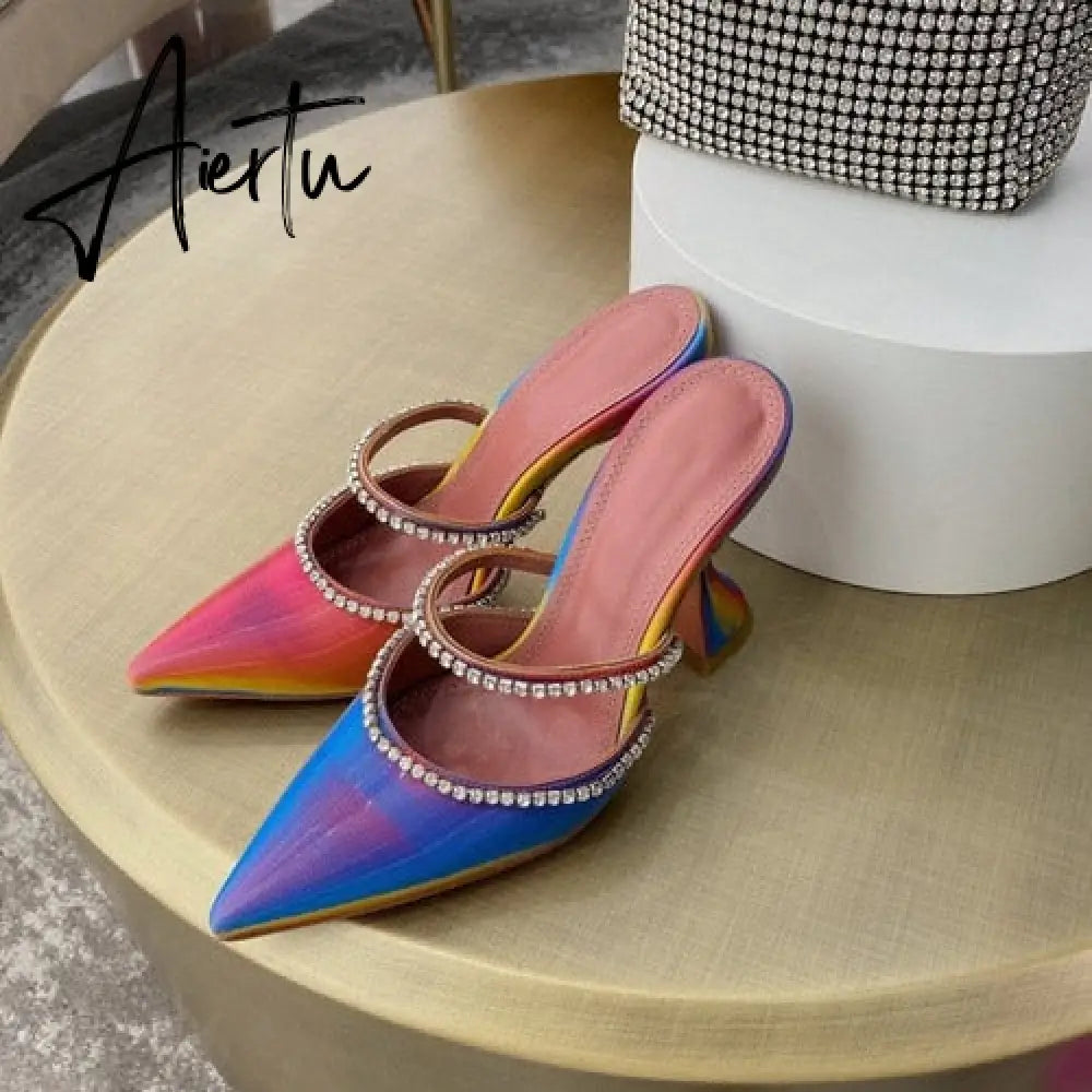 Aiertu Summer New Pointed Toe Rhinestone Sequined Stiletto Slippers Leopard Print Baotou Half Drag Sandals Aiertu