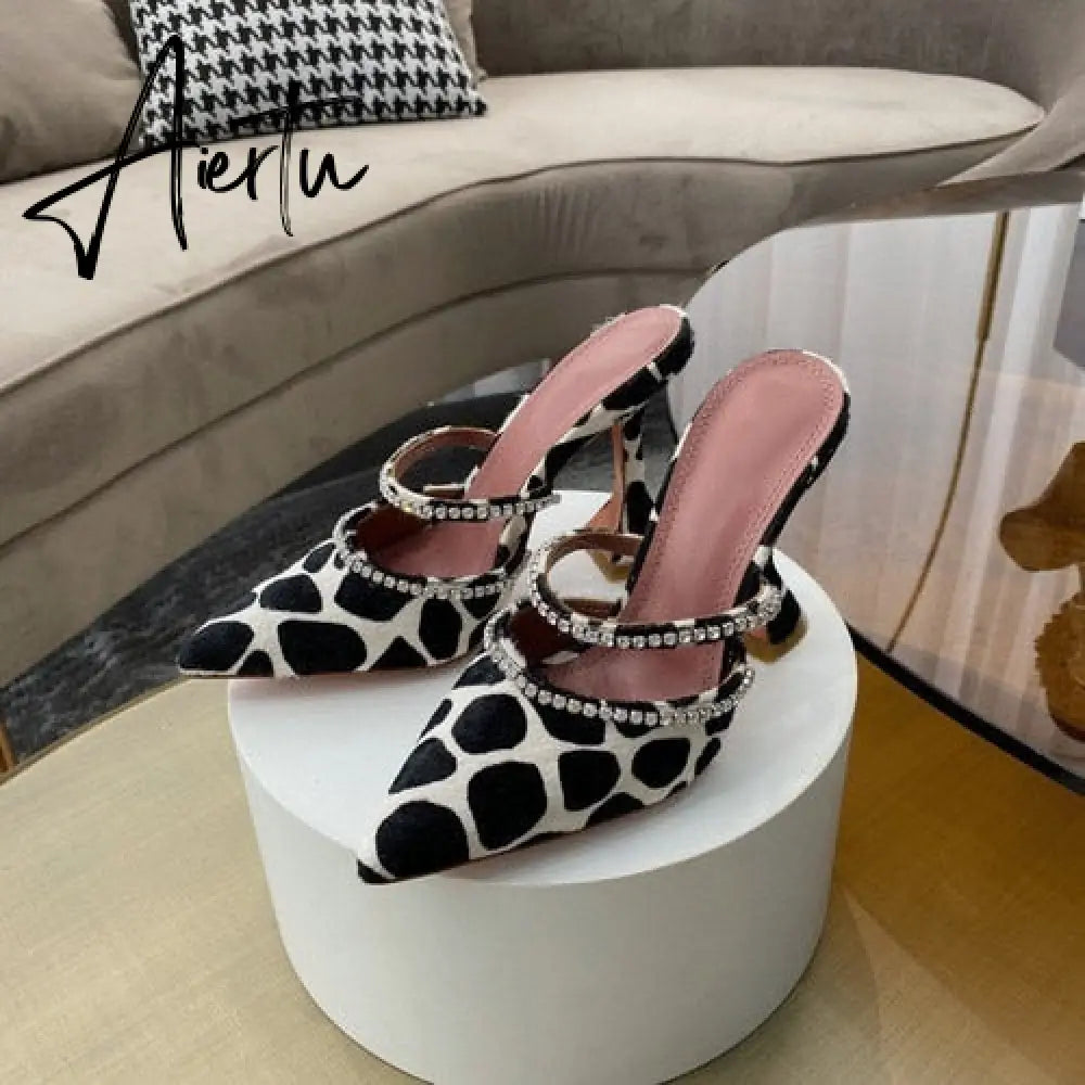 Aiertu Summer New Pointed Toe Rhinestone Sequined Stiletto Slippers Leopard Print Baotou Half Drag Sandals Aiertu