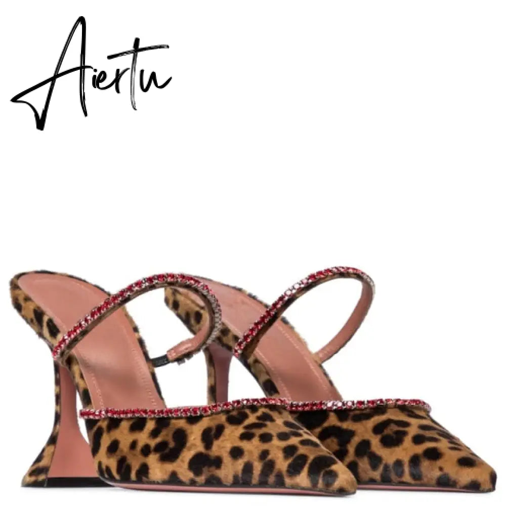 Aiertu Summer New Pointed Toe Rhinestone Sequined Stiletto Slippers Leopard Print Baotou Half Drag Sandals Aiertu