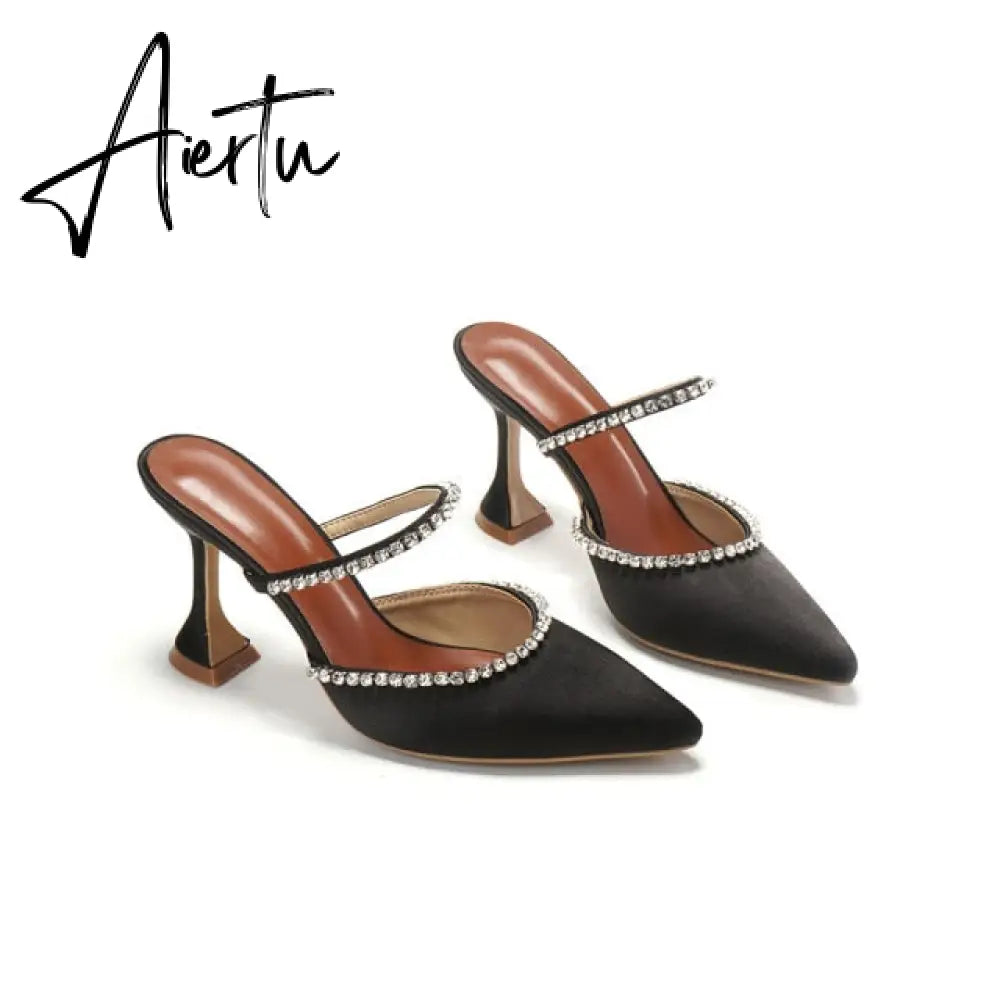 Aiertu Summer New Pointed Toe Rhinestone Sequined Stiletto Slippers Leopard Print Baotou Half Drag Sandals Aiertu