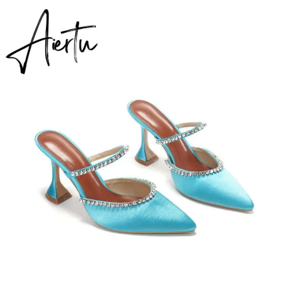 Aiertu Summer New Pointed Toe Rhinestone Sequined Stiletto Slippers Leopard Print Baotou Half Drag Sandals Aiertu