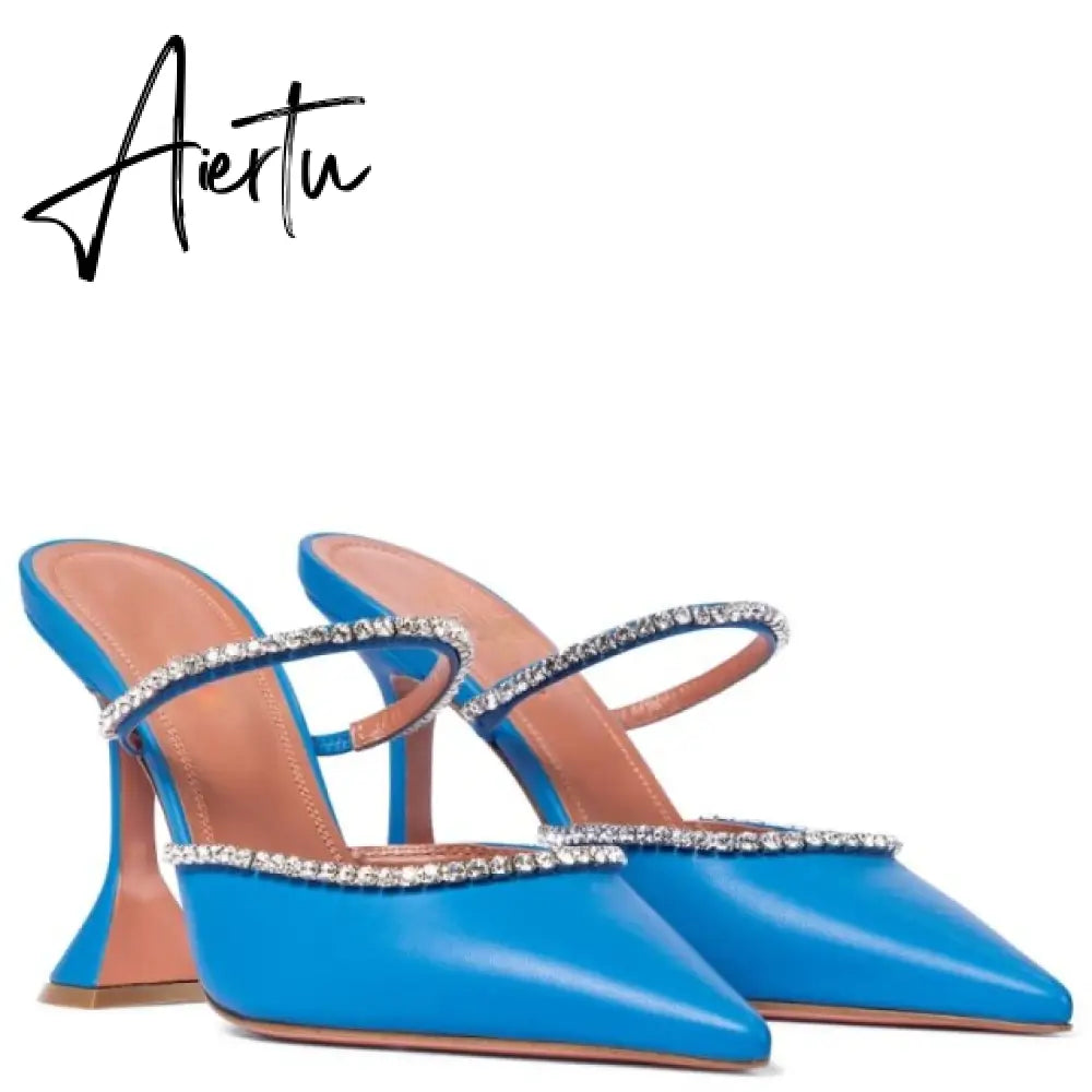 Aiertu Summer New Pointed Toe Rhinestone Sequined Stiletto Slippers Leopard Print Baotou Half Drag Sandals Aiertu