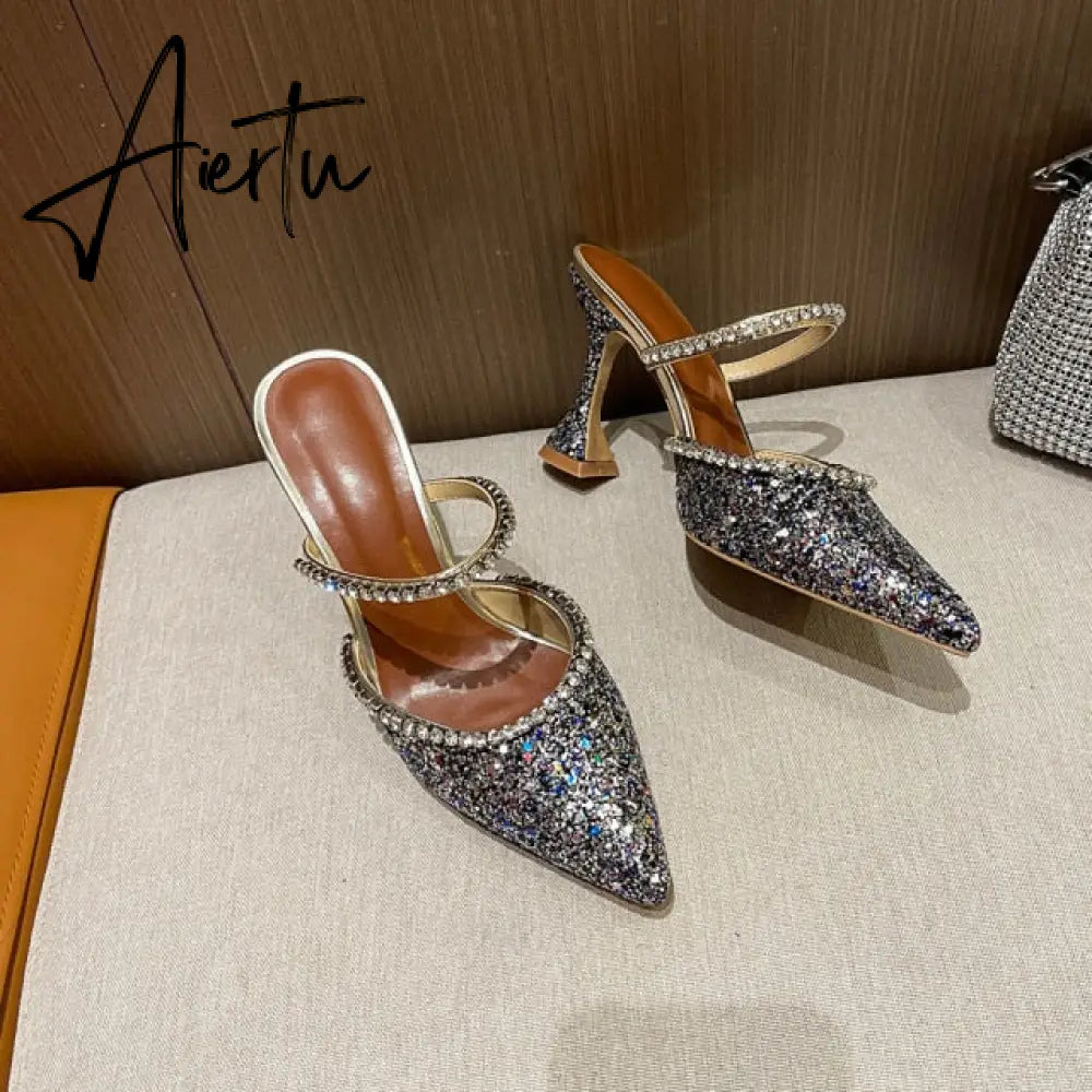 Aiertu Summer New Pointed Toe Rhinestone Sequined Stiletto Slippers Leopard Print Baotou Half Drag Sandals Aiertu