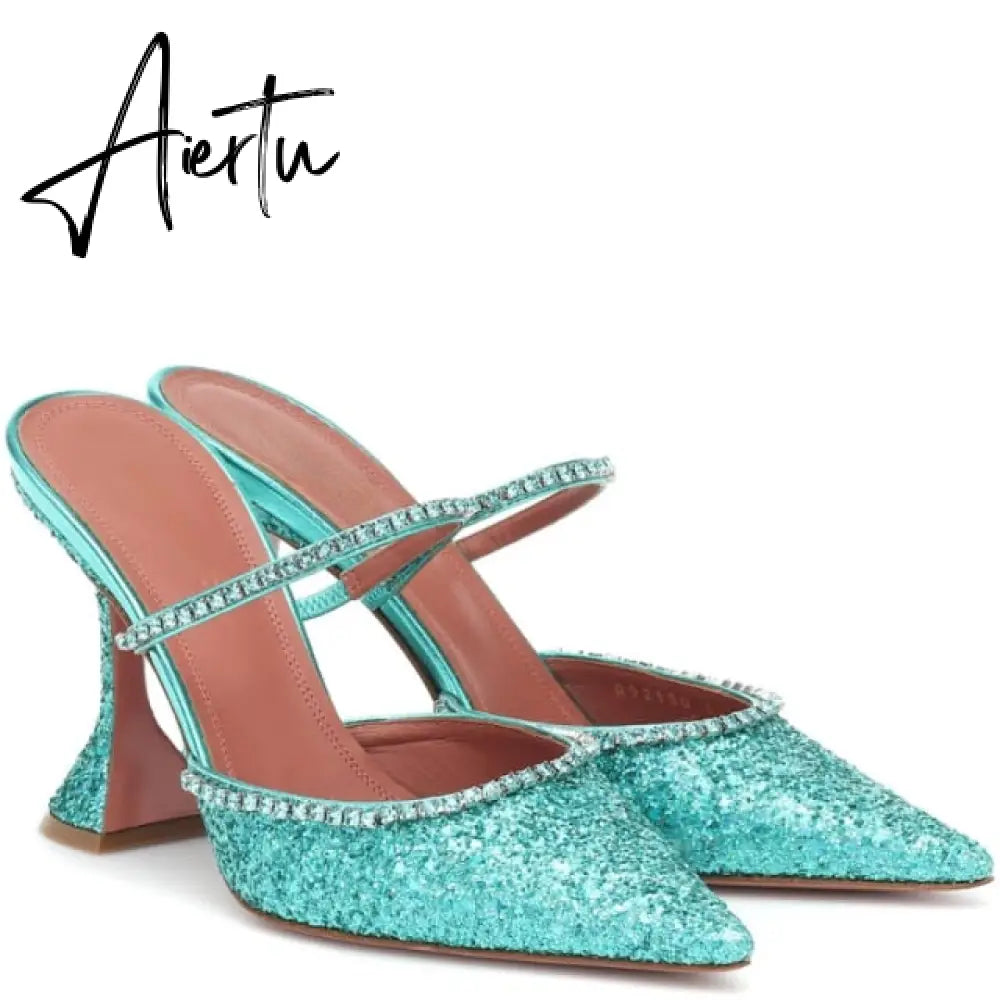 Aiertu Summer New Pointed Toe Rhinestone Sequined Stiletto Slippers Leopard Print Baotou Half Drag Sandals Aiertu