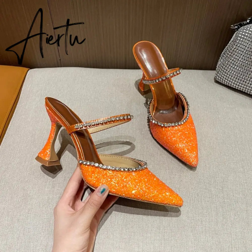 Aiertu Summer New Pointed Toe Rhinestone Sequined Stiletto Slippers Leopard Print Baotou Half Drag Sandals Aiertu