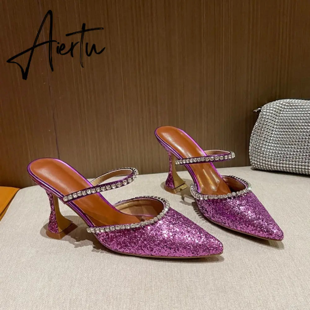 Aiertu Summer New Pointed Toe Rhinestone Sequined Stiletto Slippers Leopard Print Baotou Half Drag Sandals Aiertu