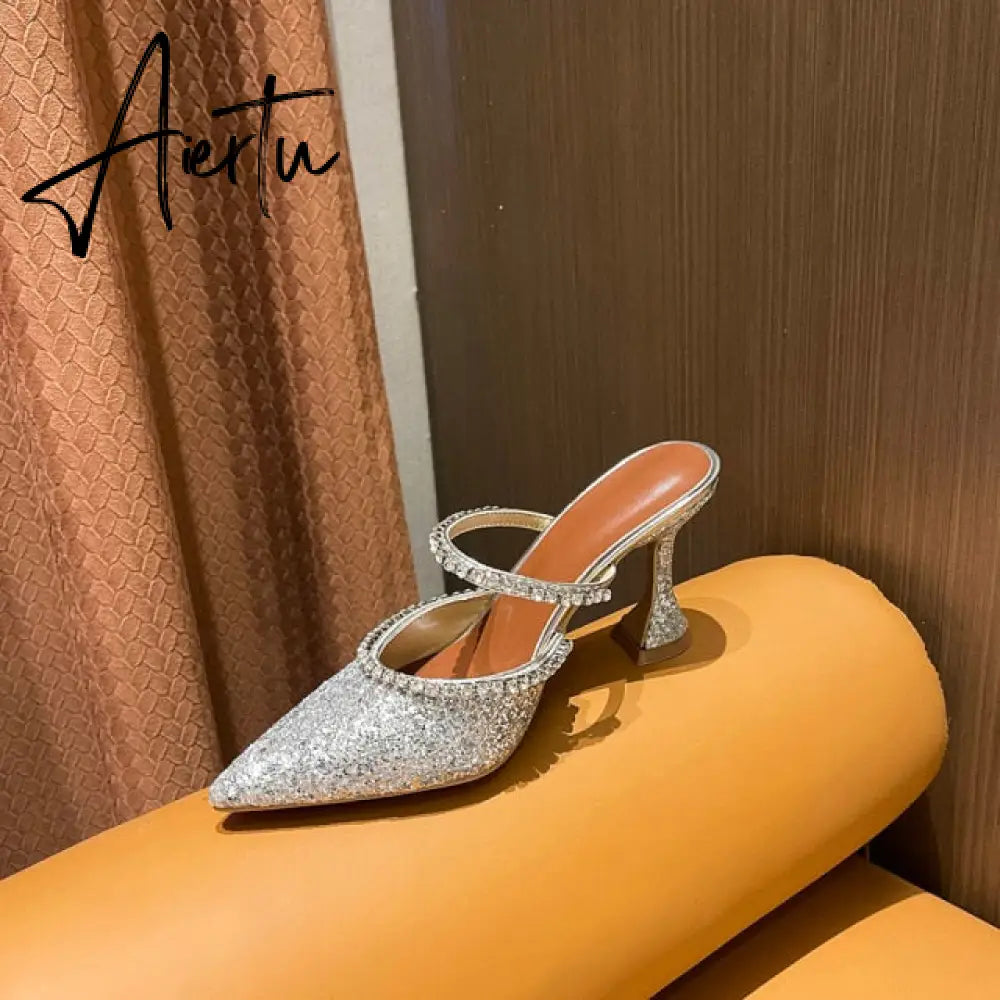 Aiertu Summer New Pointed Toe Rhinestone Sequined Stiletto Slippers Leopard Print Baotou Half Drag Sandals Aiertu